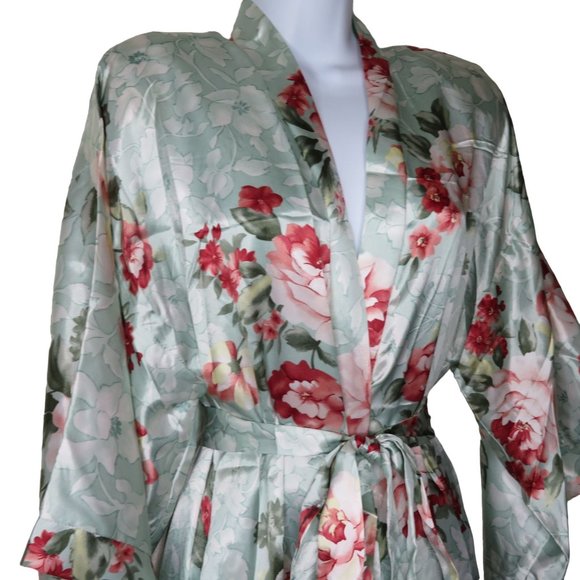 Vintage California Dynesty Full Length Satin Robe Green Floral Shoulder Pads NEW - Picture 5 of 12